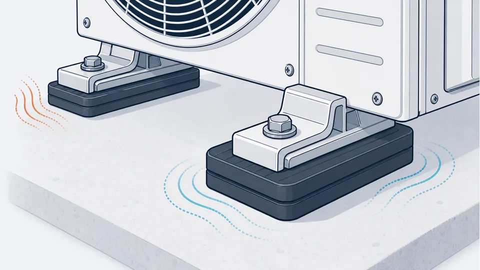 Technical illustration of rubber anti-vibration pads under outdoor condenser feet.
