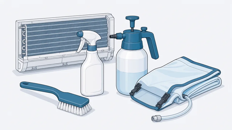 Technical illustration of mini-split cleaning tools, coil cleaner, brush, sprayer, and wash bag.