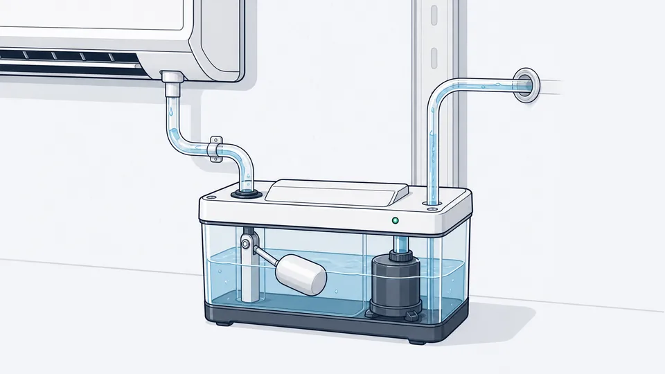 Technical illustration of a mini-split condensate pump with a drain line.