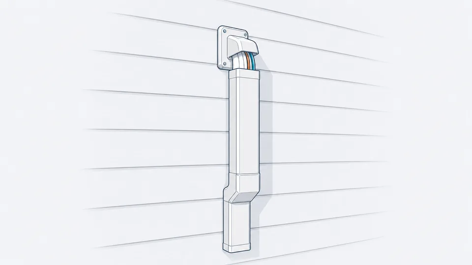 Technical illustration of a line-set cover channel on an exterior wall.