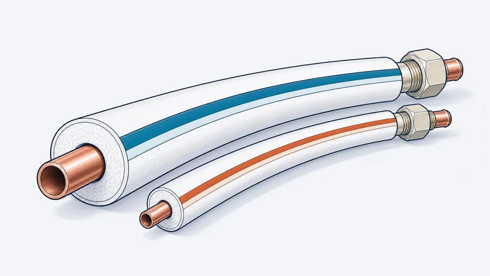 Technical illustration of insulated copper mini-split refrigerant line sets.