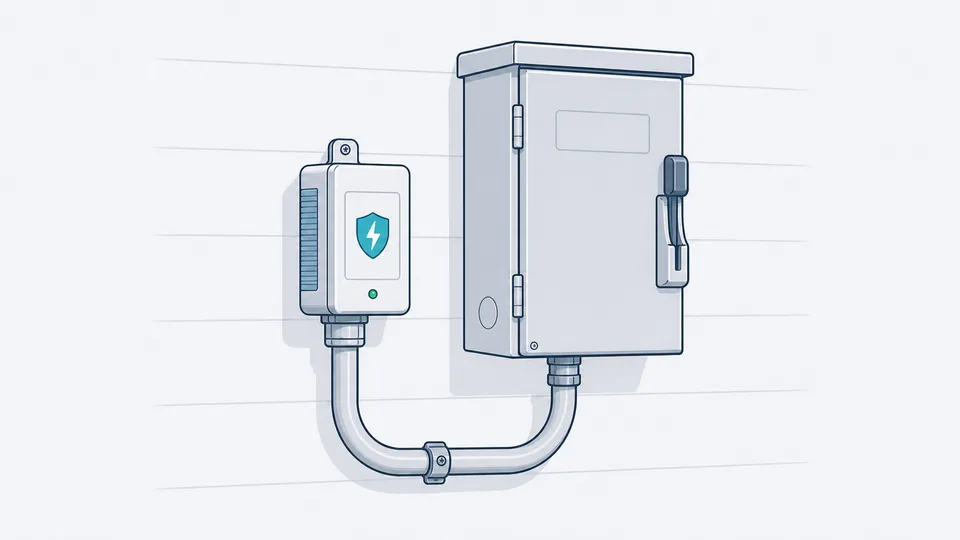 Technical illustration of an HVAC surge protector beside an outdoor disconnect panel.