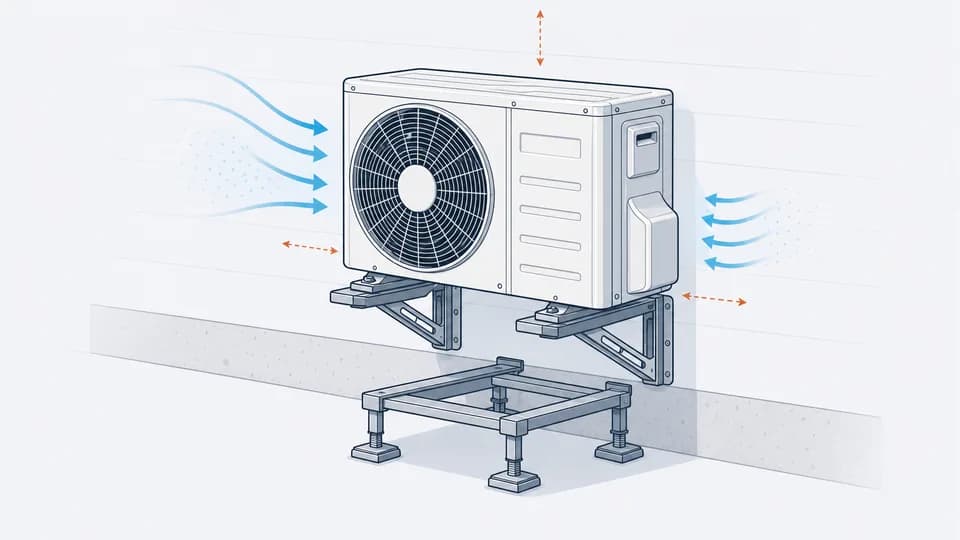 Technical illustration of an outdoor condenser on wall brackets and a raised stand.