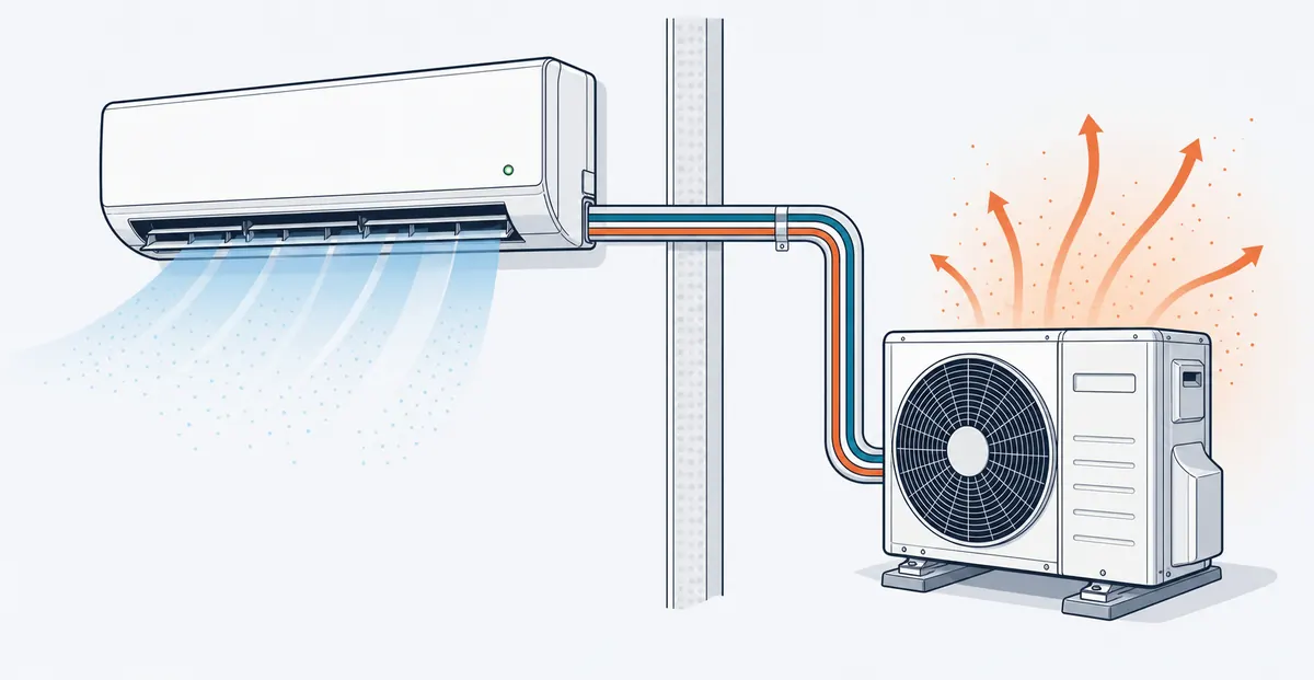 Illustration of a wall-mounted mini-split connected to an outdoor condenser with cool indoor airflow and warm outdoor exhaust.