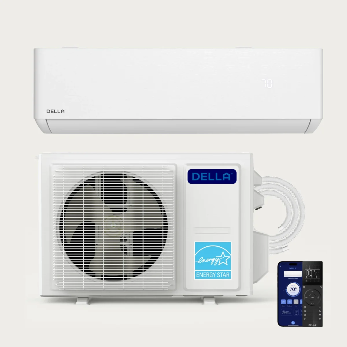 Della Optima 12,000 BTU R-454B 208/230V (048-TP-12K2V-24S-IN / 048-TP-12K2V-24S-OUT) mini-split heat pump indoor wall unit and outdoor condenser