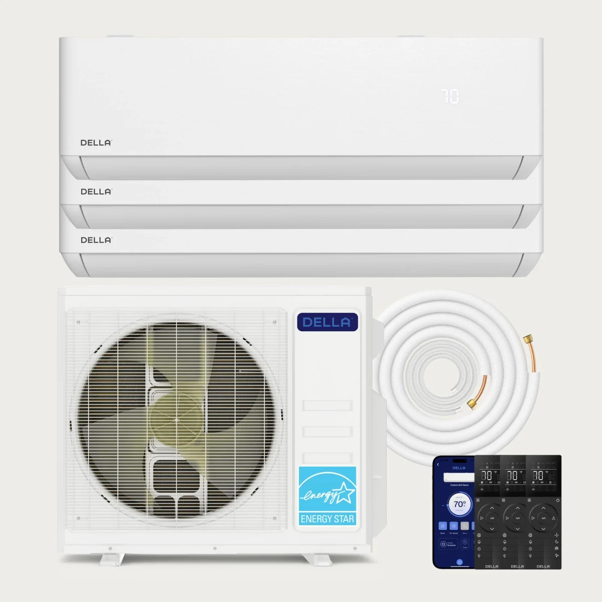 Della Optima Pro CloudAir Series Multi-Zone 5-Zone 36,000 BTU R-454B 208/230V (048-TPH-MODU-1D5) multi-zone mini-split heat pump indoor wall units and outdoor condenser