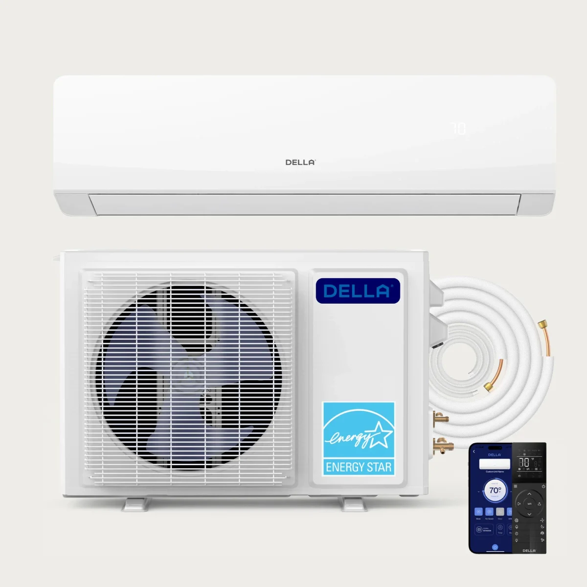 Della Serena 9,000 BTU R-32 208/230V (048-MS-9K2VR-22S-M-IN / 048-MS-9K2VR-22S-M-OUT) mini-split heat pump indoor wall unit and outdoor condenser
