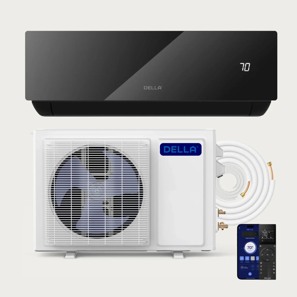 Della Umbra 9,100 BTU R-32 208/230V (048-MS-9K2VRH-19S-JPB-IN / 048-MS-9K2VRH-19S-OUT) mini-split heat pump indoor wall unit and outdoor condenser