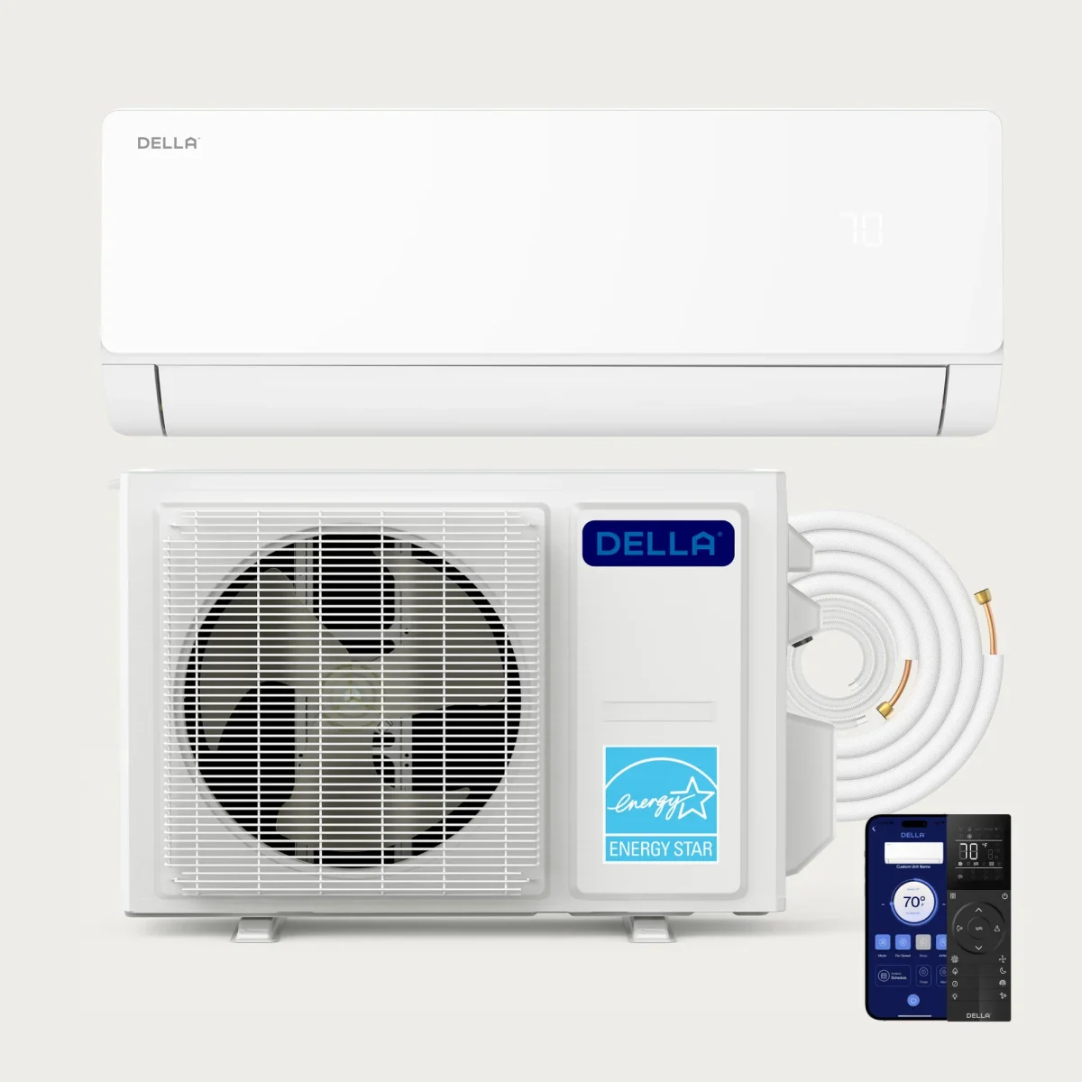 Della Vita 9,000 BTU R-32 208/230V (048-TC-9K2VR-IN / 048-TC-9K2VR-21S-OUT) mini-split heat pump indoor wall unit and outdoor condenser
