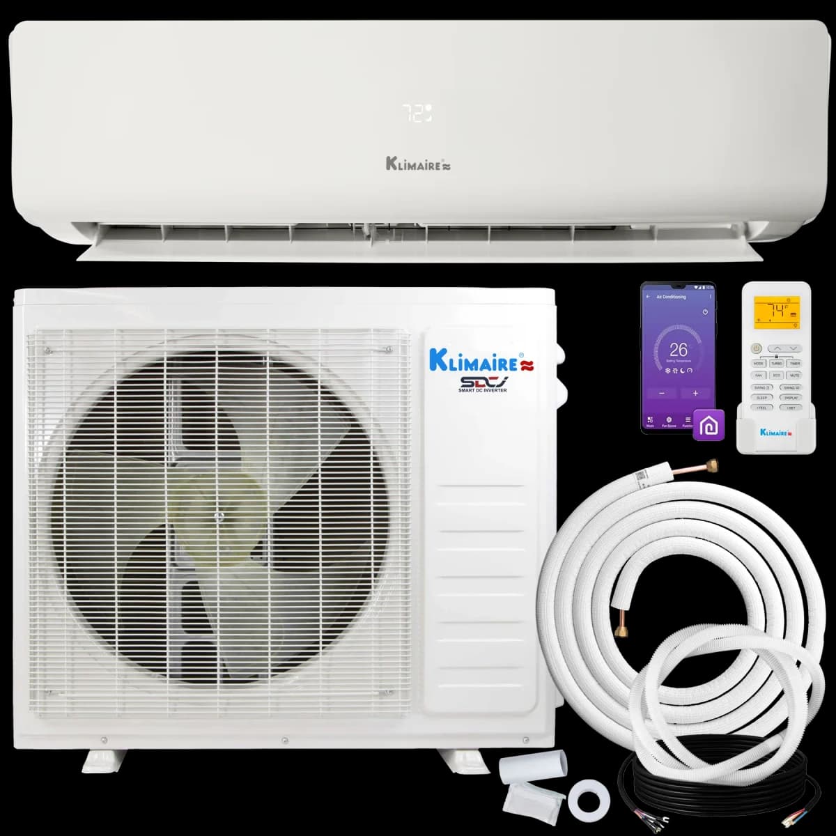 Klimaire KIWE-KOIE 11,500 BTU R-32 110-115V (KIWE12H1-31X / KOIE12H1-31X) mini-split heat pump indoor wall unit and outdoor condenser kit