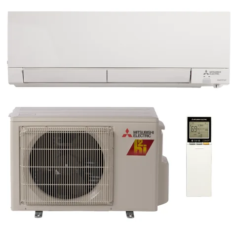 Mitsubishi Electric M-Series FS 12k mini-split heat pump indoor wall unit, outdoor condenser, and remote