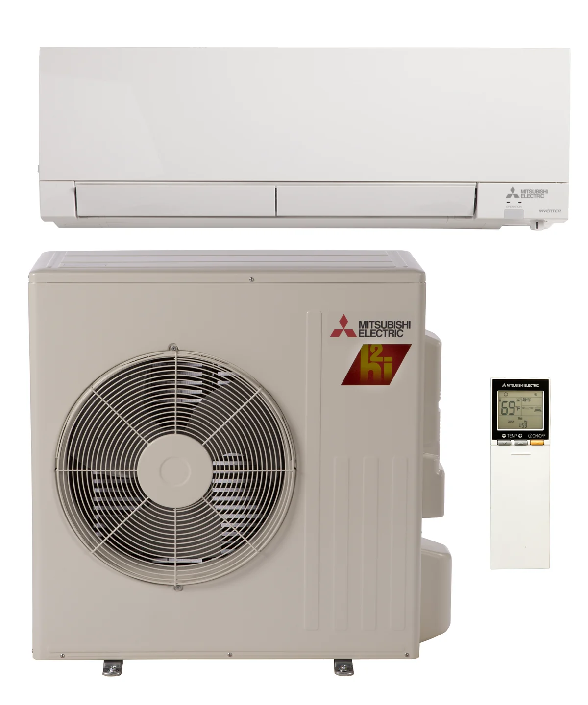 Mitsubishi Electric M-Series FS 18k mini-split heat pump indoor wall unit, outdoor condenser, and remote