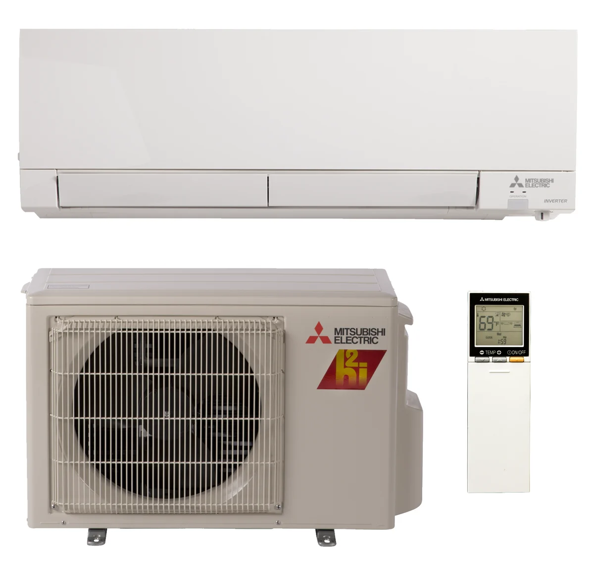 Mitsubishi Electric M-Series FS 9k mini-split heat pump indoor wall unit, outdoor condenser, and remote