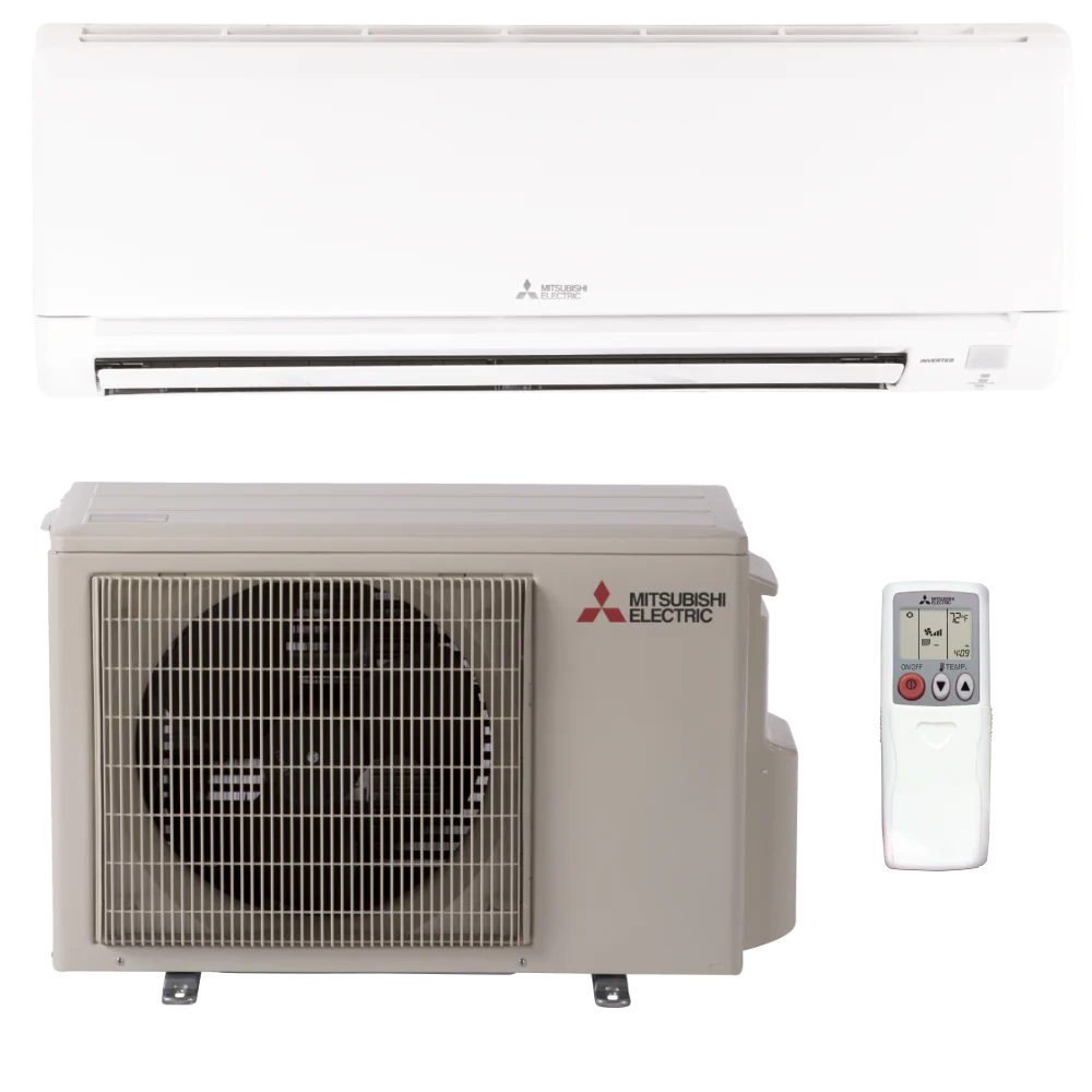 Mitsubishi Electric M-Series GS 12k mini-split heat pump indoor wall unit, outdoor condenser, and remote