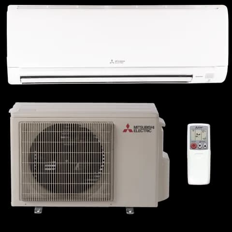 Mitsubishi Electric M-Series GS 12k mini-split heat pump indoor wall unit, outdoor condenser, and remote