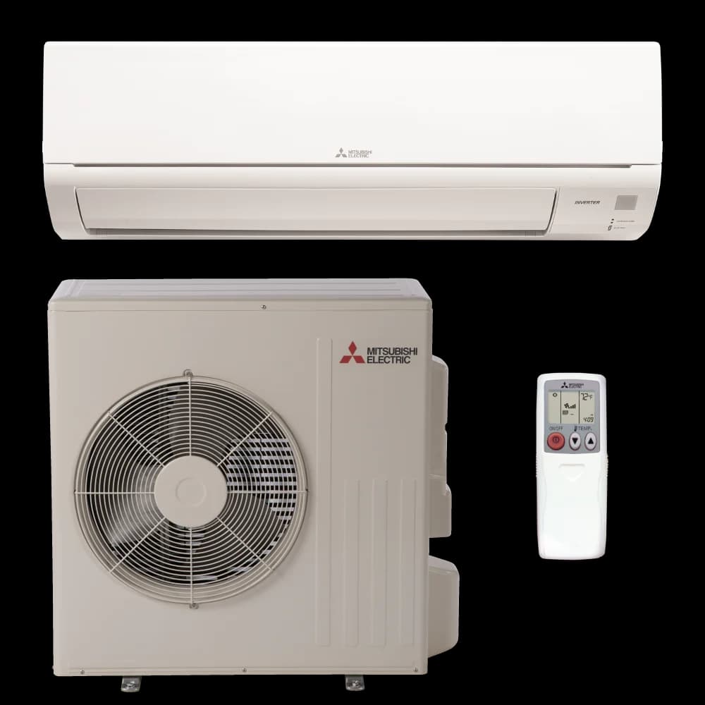 Mitsubishi Electric M-Series GS 18k mini-split heat pump indoor wall unit, outdoor condenser, and remote