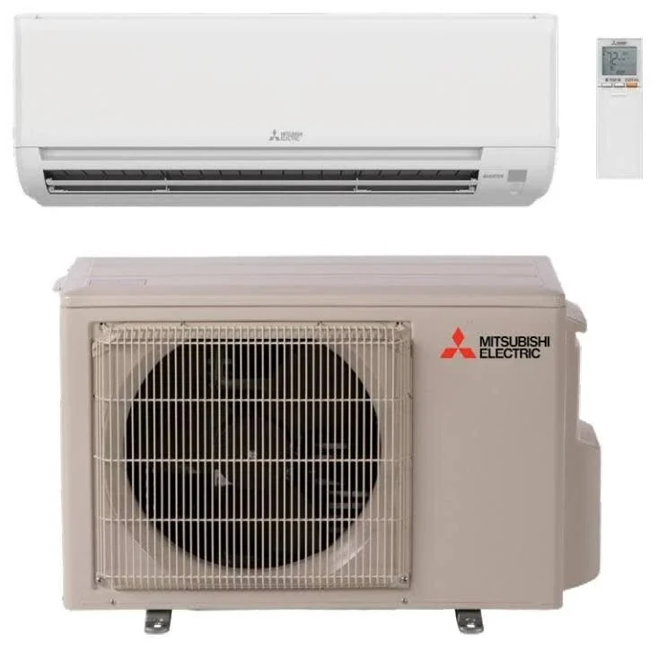 Mitsubishi Electric M-Series GS 9k mini-split heat pump indoor wall unit, outdoor condenser, and remote