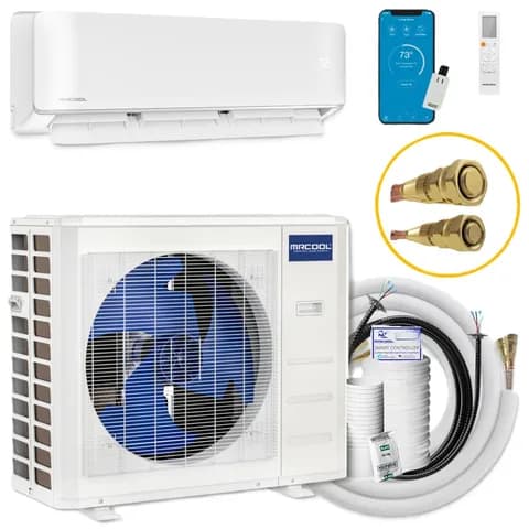 MRCOOL DIY 5th Gen 18k single-zone mini-split system with indoor wall unit, outdoor condenser, and line set
