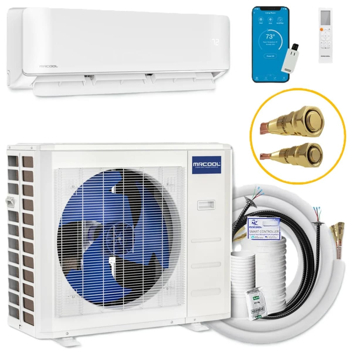 MRCOOL DIY 5th Gen 9k single-zone mini-split system with indoor wall unit, outdoor condenser, and line set