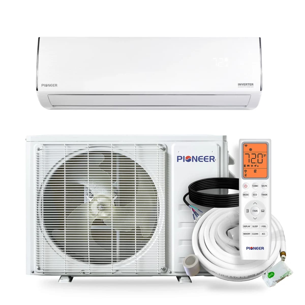 Pioneer Diamante Essenza 11,500 BTU R-32 115V (WT012ALUI17HLD / YN012ALUI17RPD) mini-split heat pump indoor wall unit and outdoor condenser