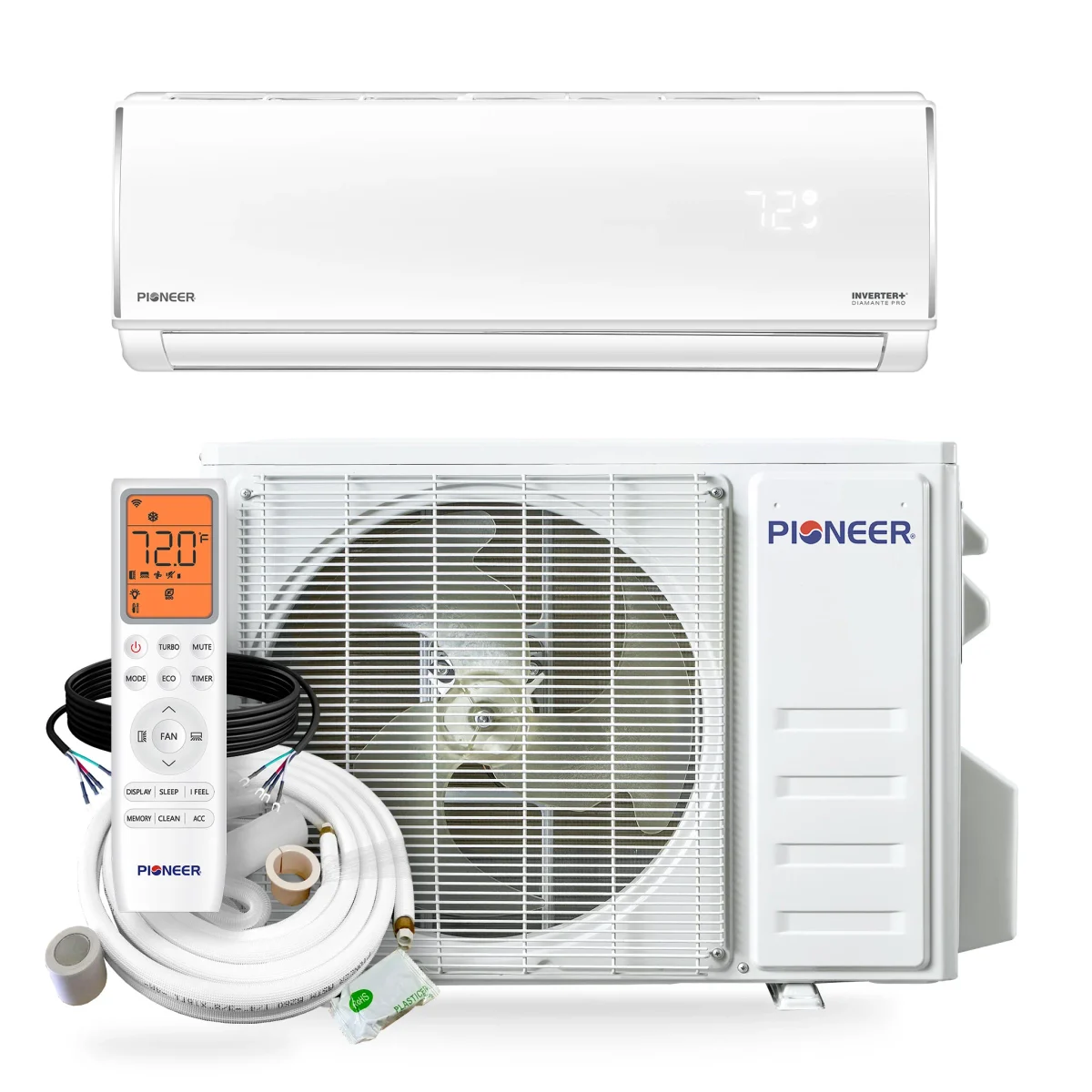 Pioneer Diamante Pro 36,000 BTU R-454B 208/230V (WT036GLSI20HLF / YN036GLSI20RPF) mini-split heat pump indoor wall unit and outdoor condenser
