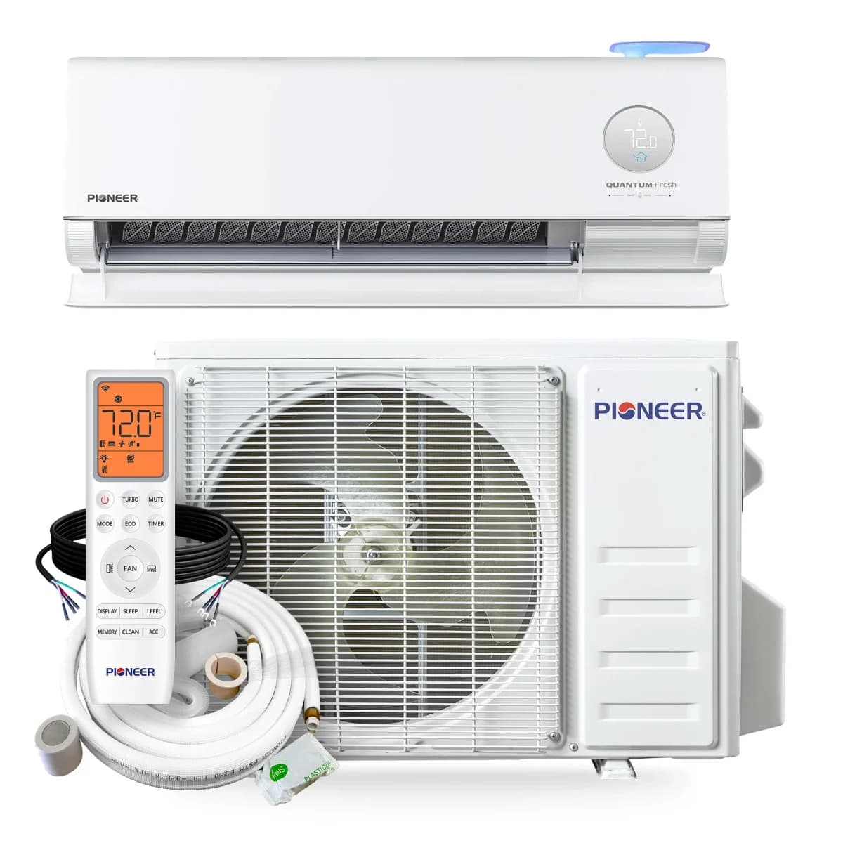 Pioneer Quantum Fresh 12,000 BTU R-32 208/230V (WT012GLUI25FVQ / YN012GLUI25RPQ) mini-split heat pump indoor wall unit and outdoor condenser