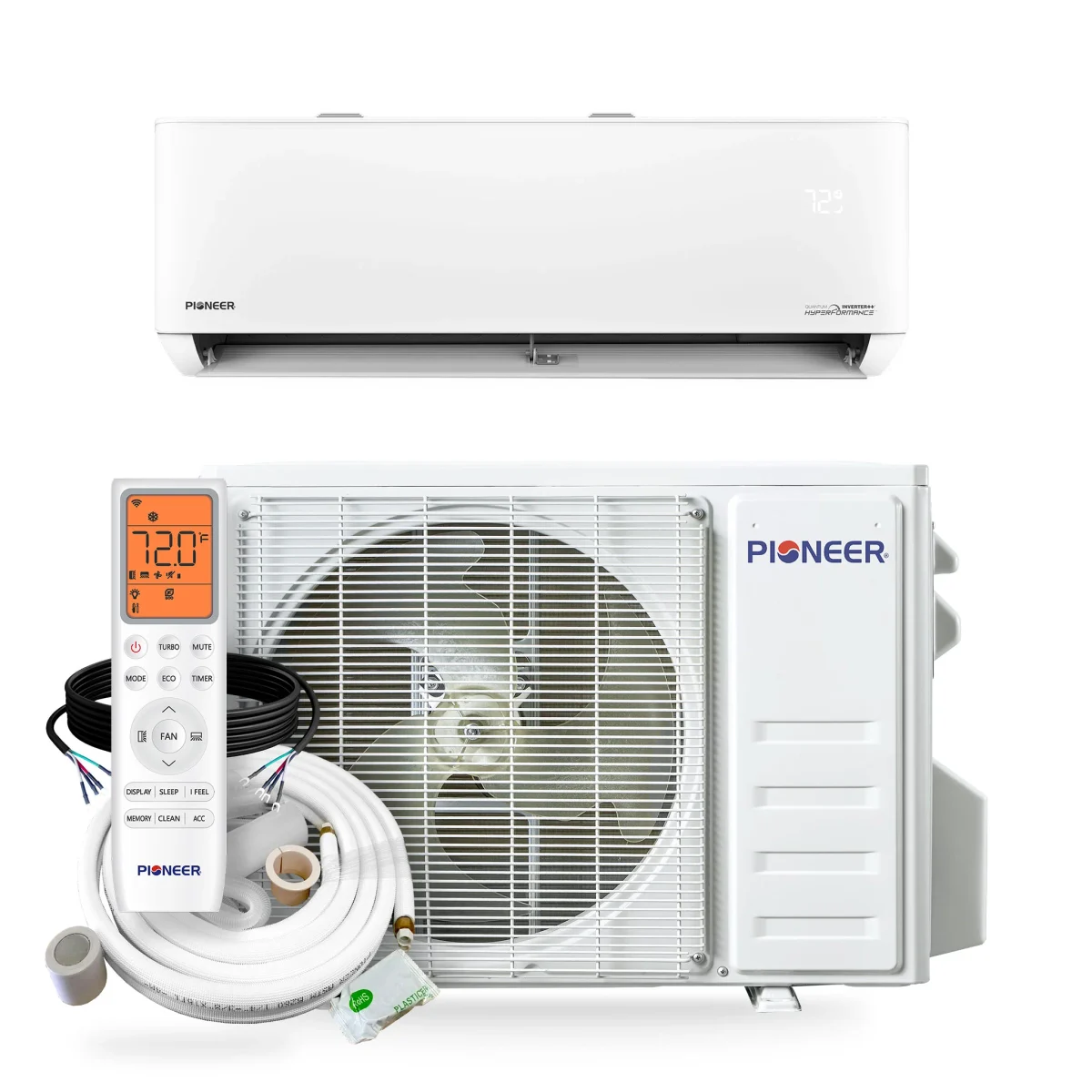 Pioneer Quantum Hyperformance 9,000 BTU R-454B 208/230V (WT009GLSI25HLH / YN009GLSI25RPH) mini-split heat pump indoor wall unit and outdoor condenser