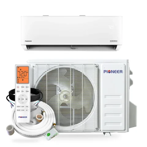 Pioneer Quantum Ultra 12k mini-split heat pump indoor wall unit, outdoor condenser, remote, and line set
